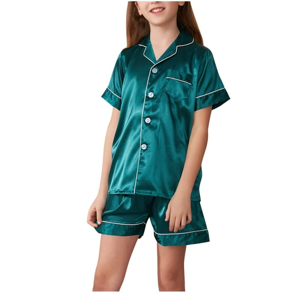 Cethrio Girls Summer Pajama Sets, Casual Collared Short Sleeve Comfy Girls' Sleepwear Green Size 10-12