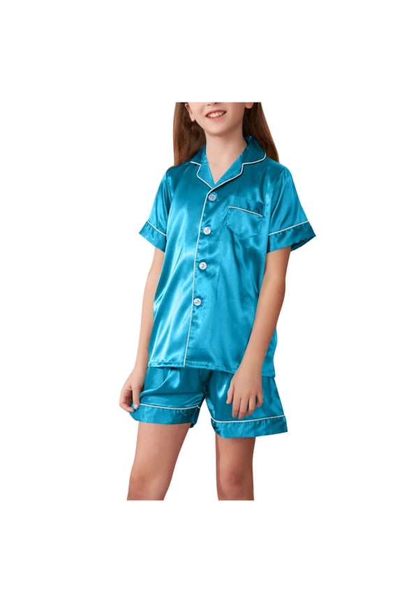 Girls Summer Pajama Sets, Casual Comfy Short Sleeve Collared Girls' Sleepwear Light Blue Size 10-12