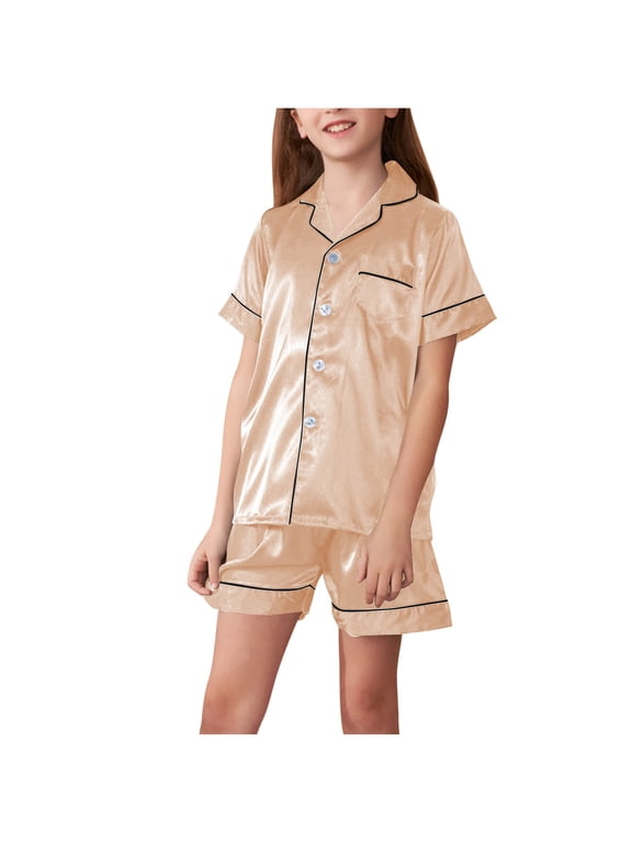 Girls Summer Pajama Sets, Collared Casual Comfy Short Sleeve Girls' Sleepwear Beige Size 10-12