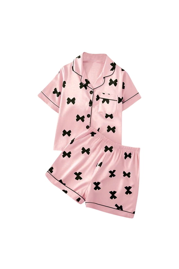Girls Summer Pajama Sets, Lapel Collar 2-piece Summer Short Sleeve Girls' Sleepwear Pink Size 10-12 T