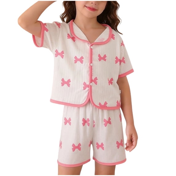 Cethrio Girls Summer Pajama Sets, Short Sleeve Lapel Collar 2-piece Soft Girls' Sleepwear Pink Size 10-12