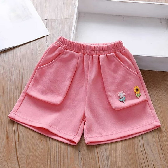 Cethrio Girls Summer Shorts Size 10-12 T, Casual Cotton Elastic Waist Holiday Shorts with Pockets Pink