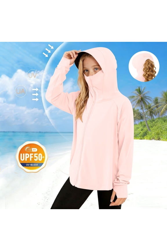 Girls Sun Protection Jackets, Full Zip Long Sleeve Lightweight UPF 50+ Kids Rash Guard Outerwear with Hood Pink Size 1-13 T