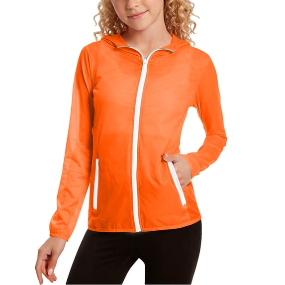 Cethrio Girls Sun Protection Jackets, Lightweight Summer Long Sleeve Full Zip Kids Rash Guard Outerwear with Hood Orange Size 12