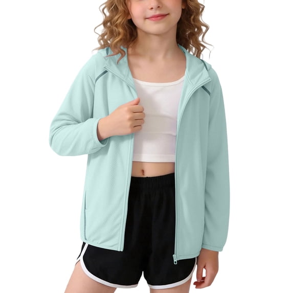 Cethrio Girls Sun Protection Jackets, Long Sleeve Zip up Summer Lightweight Kids Rash Guard Outerwear with Hood Mint Green Size 5 T