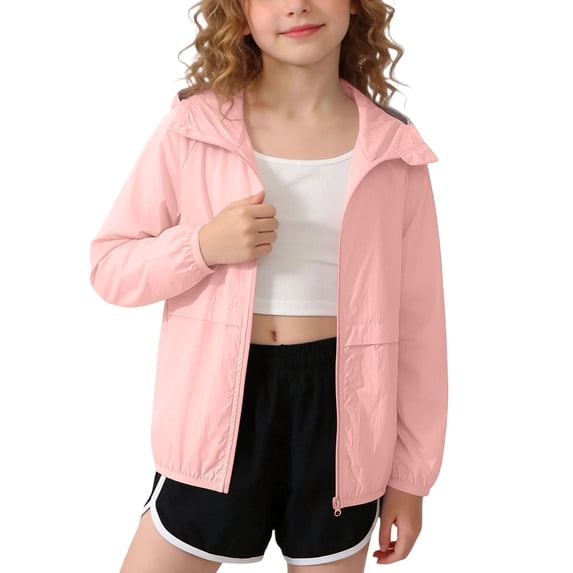 Cethrio Girls Sun Protection Jackets, Outdoor Long Sleeve Lightweight Zip up Kids Rash Guard Outerwear with Hood Pink Size 3-4 T