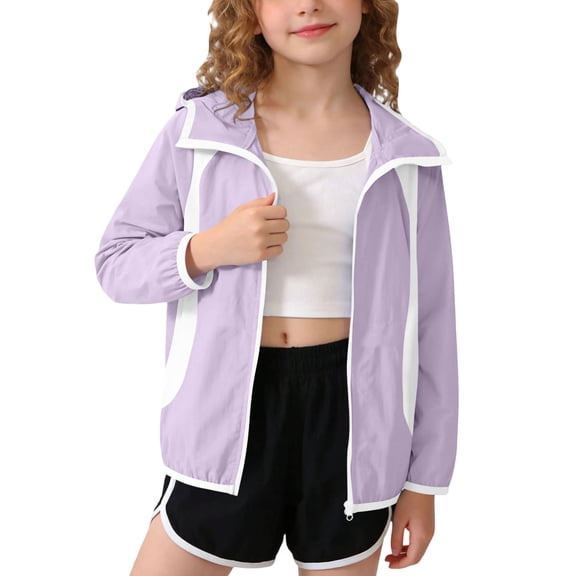 Cethrio Girls Sun Protection Jackets, Outdoor Zipper Lightweight Long Sleeve Kids Rash Guard Outerwear with Hood Purple Size 10