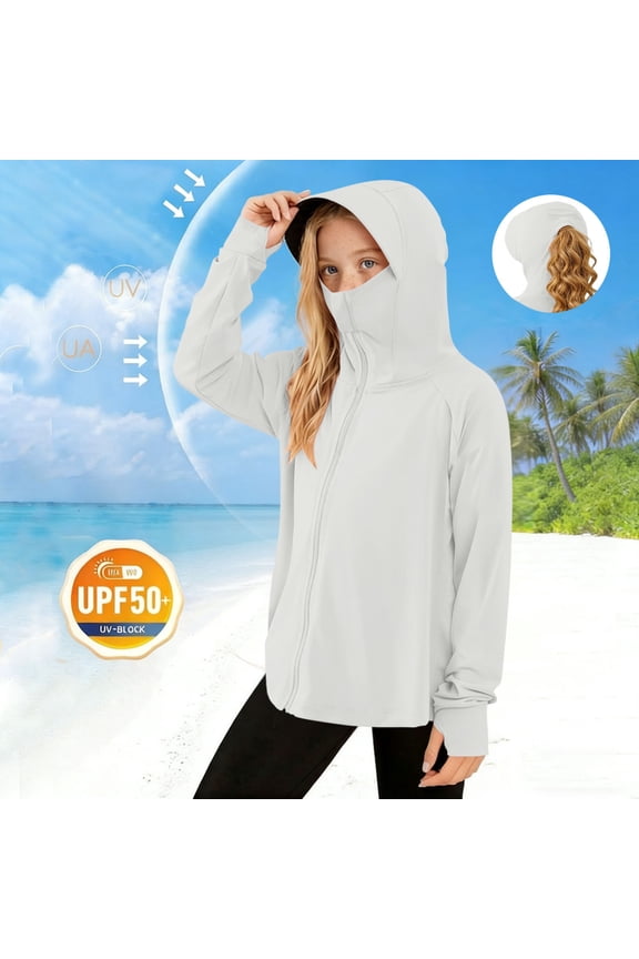 Girls Sun Protection Jackets, UPF 50+ Full Zip Lightweight Long Sleeve Kids Rash Guard Outerwear with Hood White Size 1-4 T