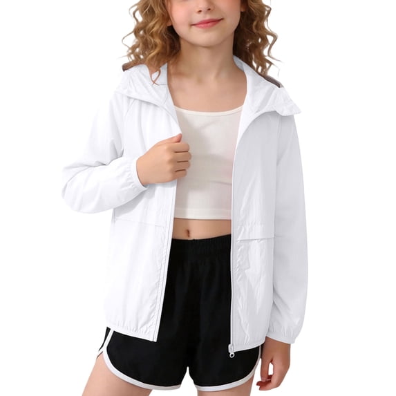 Cethrio Girls Sun Protection Jackets, Zip up Lightweight Long Sleeve Outdoor Kids Rash Guard Outerwear with Hood White Size 3-4 T