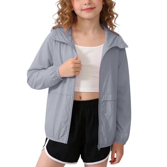Cethrio Girls Sun Protection Jackets, Zip up Long Sleeve Outdoor Lightweight Kids Rash Guard Outerwear with Hood Gray Size 10