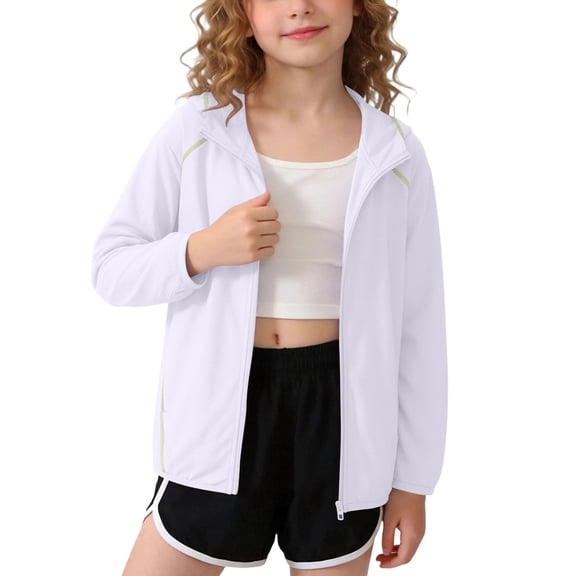 Cethrio Girls Sun Protection Jackets, Zip up Summer Lightweight Long Sleeve Kids Rash Guard Outerwear with Hood White Size 5 T