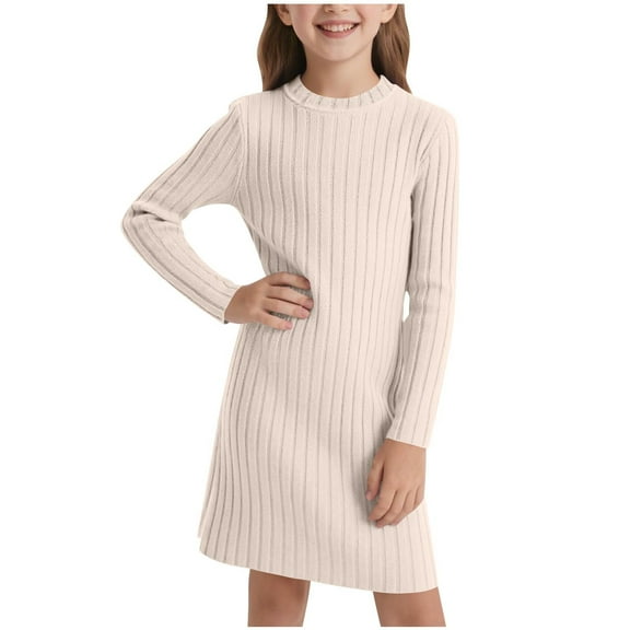 Cethrio Girls Sweater Dresses, Stretchy Casual Knitted Crew Neck Fall Winter Dresses Beige Size 9-10 T