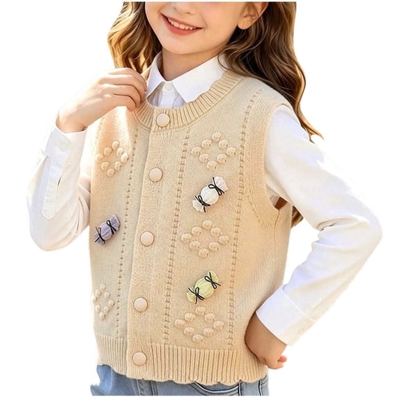 Cethrio Girls Sweater Vests, Buttons Sleeveless Stretchy Knitted Fall Winter Clothing Yellow Size 7-8 T