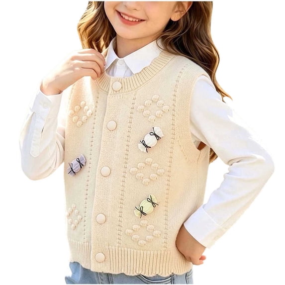 Cethrio Girls Sweater Vests, Sleeveless Buttons Knitted Stretchy Fall Winter Clothing Beige Size 7-8 T