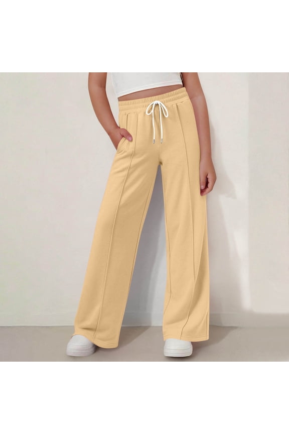 Girls Sweatpants, Casual Drawstring Relaxed Wide Leg Athletic Pants Yellow Size 12-13 T