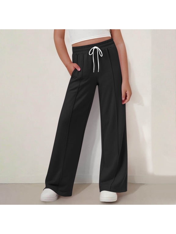 Girls Sweatpants, Casual Relaxed Drawstring Wide Leg Athletic Pants Black Size 11-12 T