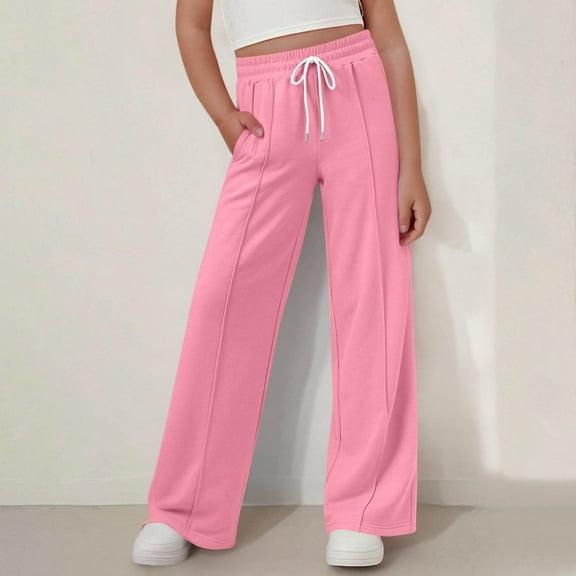 Cethrio Girls Sweatpants, Casual Wide Leg Relaxed Drawstring Athletic Pants Pink Size 12-13 T