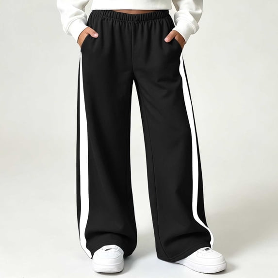 Cethrio Girls Sweatpants, Elastic Waist Fleece-lined Color-blocking Open Bottom Straight-leg Pants Black Size 9-10 T