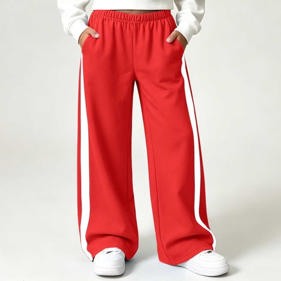 Cethrio Girls Sweatpants, Fleece-lined Color-blocking Elastic Waist Open Bottom Straight-leg Pants Red Size 5-6 T