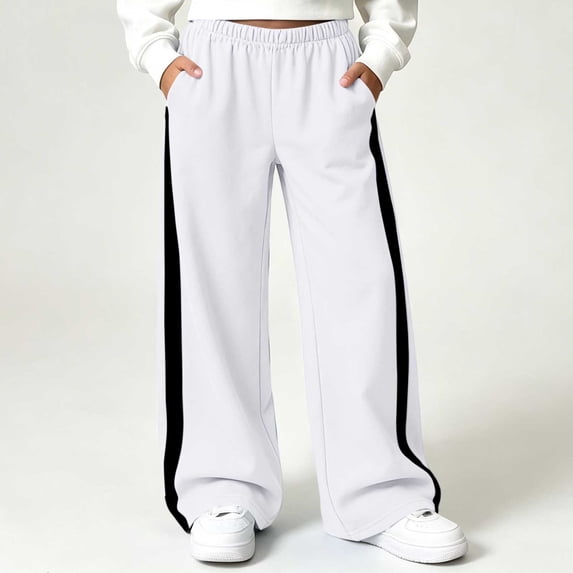 Cethrio Girls Sweatpants, Fleece-lined Color-blocking Elastic Waist Open Bottom Straight-leg Pants White Size 14-15 T