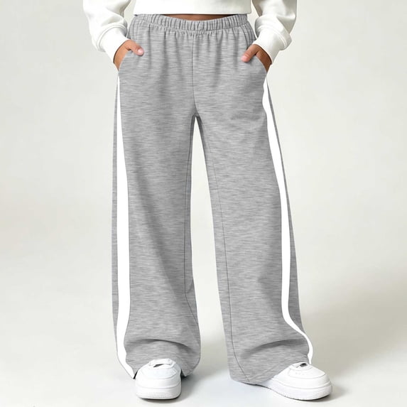 Cethrio Girls Sweatpants Size 10-12, Color-blocking Fleece-lined Elastic Waist Open Bottom Straight-leg Pants Gray