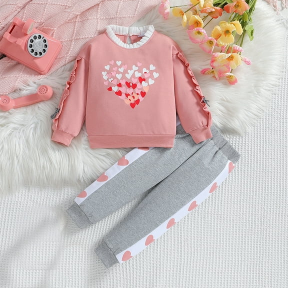 Wavsuf Girls Sweatshirt Pants Outfits, Heart Prints Active Fit Long Sleeve Casual 2-Piece Sets Pink