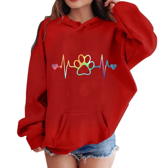 Cethrio Girls Sweatshirts, Hooded Pullover Long Sleeve Spring and Autumn Tops Red Size 11-12 T