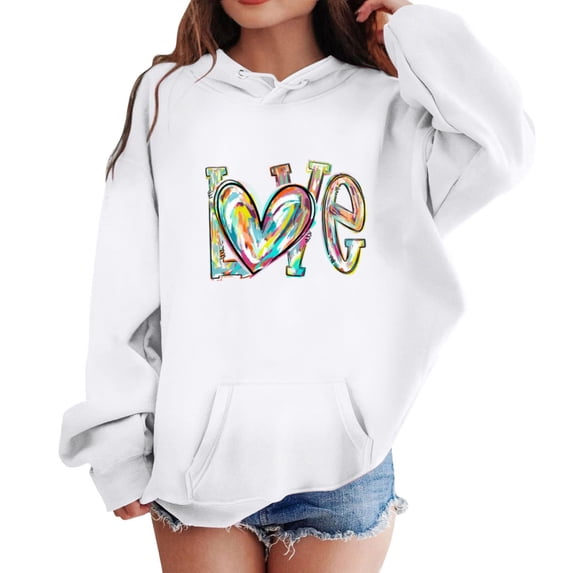 Cethrio Girls Sweatshirts, Long Sleeve Pullover Hooded Spring and Autumn Tops White Size 13-14 T