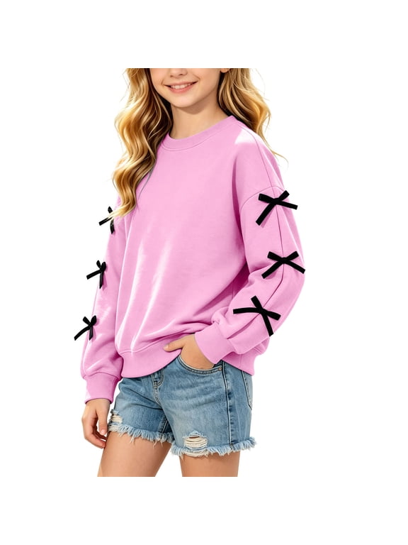 Girls Sweatshirts Size 10-12, Pullover Fashion Crew Neck Spring Fall Long Sleeve Tops Pink