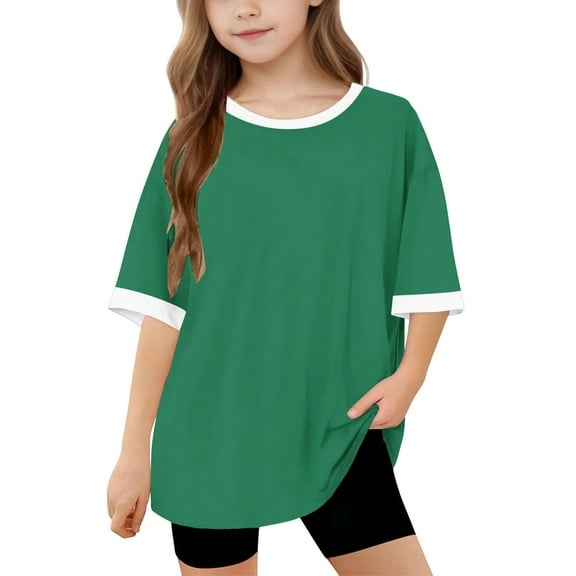 Cethrio Girls T Shirts, 2025 Casual Summer Loose Fit Short Sleeve Tops Green Size 10-11 T