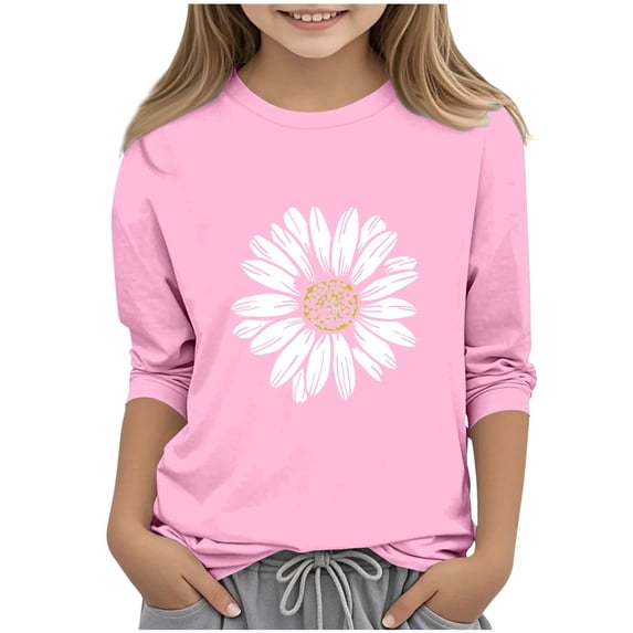 Cethrio Girls T Shirts, Crew Neck Graphic Summer Casual 3/4 Sleeve Tops Pink Size 10-12