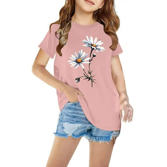 Cethrio Girls T-Shirts, Crew Neck Short Sleeve Floral Print Cotton Summer Tops Pink Size 9 T
