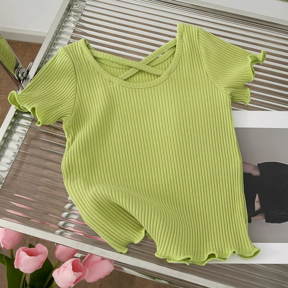 Cethrio Girls T-Shirts, Crew Neck Short Sleeve Ribbed Casual Summer Tops Green Size 8T