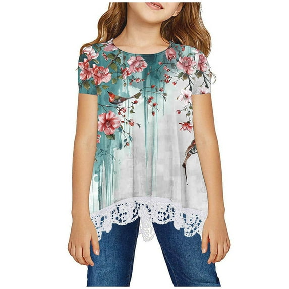 Cethrio Girls T Shirts, Crewneck Floral Print Lace Short Sleeve Summer Tops Multicolor Size 11-12 T