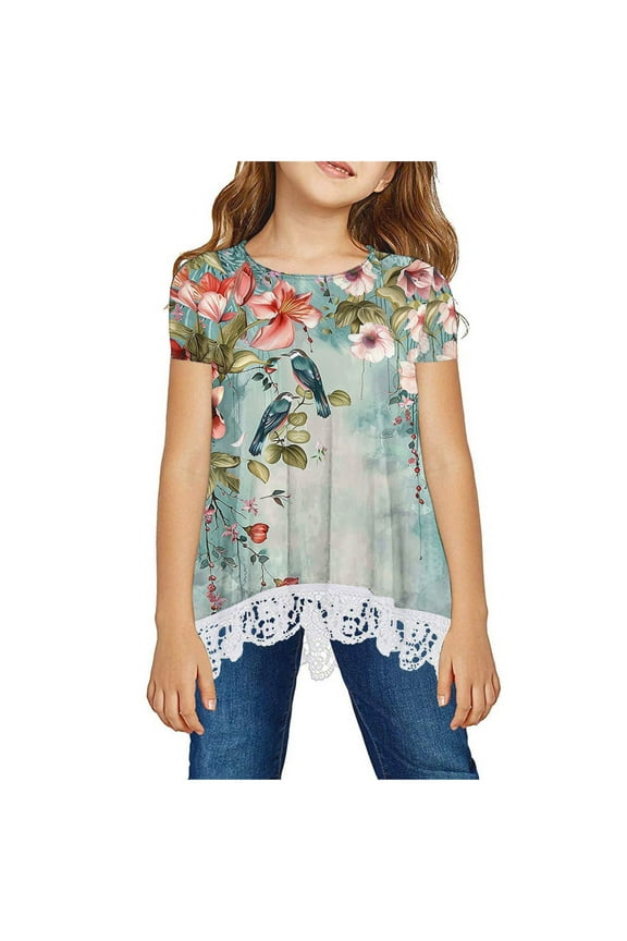 Girls T Shirts, Crewneck Floral Print Lace Short Sleeve Summer Tops Multicolor Size 9-10 T