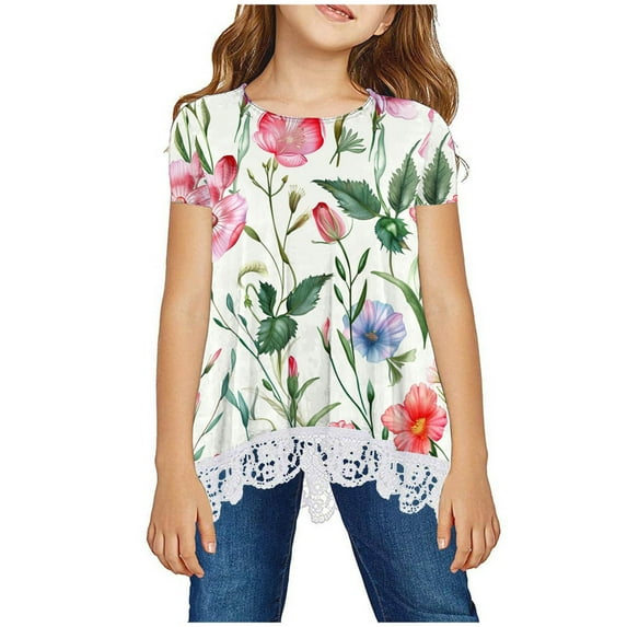 Cethrio Girls T Shirts, Lace Short Sleeve Crewneck Floral Print Summer Tops Multicolor Size 9-10 T
