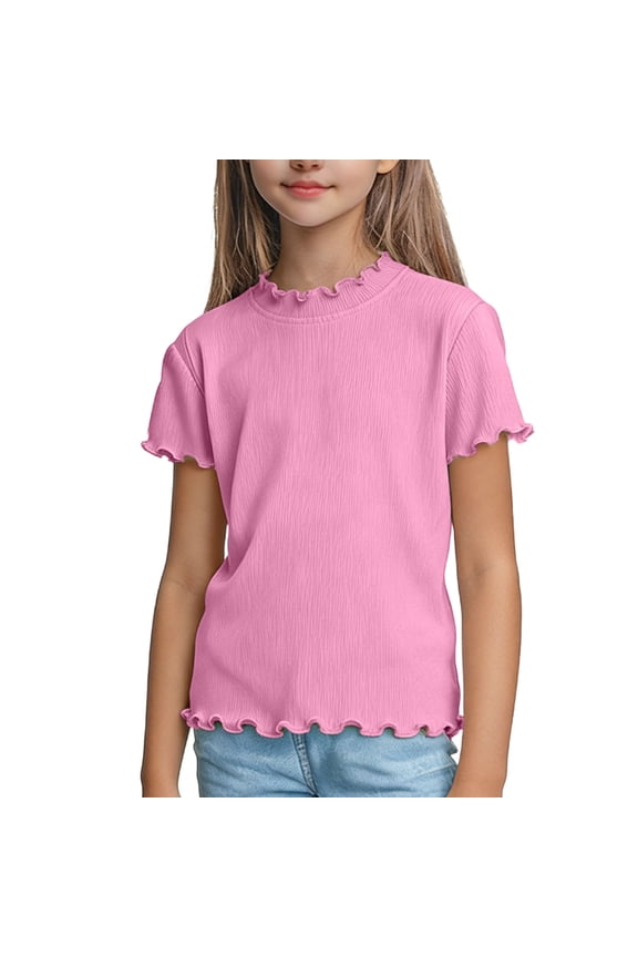 Girls T Shirts, Ruffled Short Sleeve Crew Neck Casual Summer Tops Pink Size 7-8
