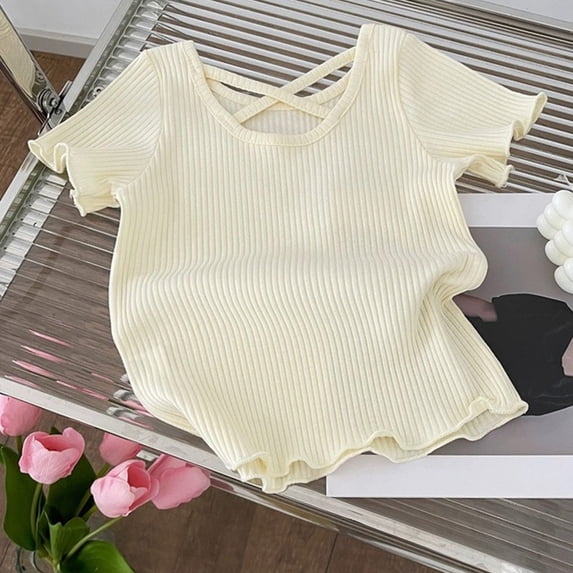 Cethrio Girls T-Shirts, Short Sleeve Casual Crew Neck Ribbed Summer Tops White Size 8T