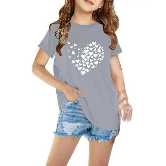 Cethrio Girls T-Shirts, Short Sleeve Cotton Casual Printed Summer Tops Gray Size 9 T