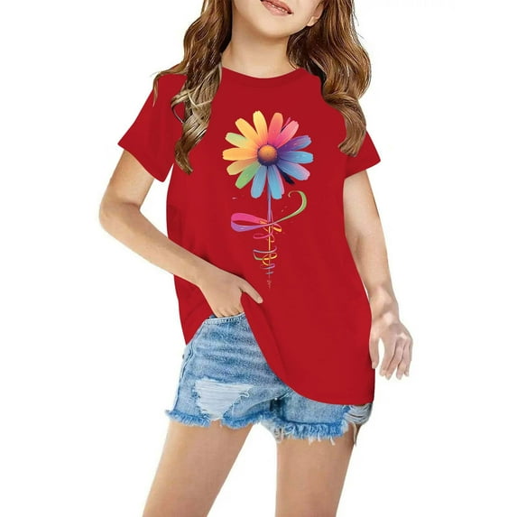 Cethrio Girls T-Shirts, Short Sleeve Floral Print Crew Neck Cotton Summer Tops Red Size 9 T