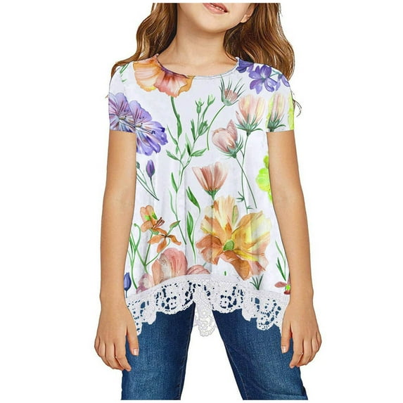 Cethrio Girls T Shirts, Short Sleeve Floral Print Crewneck Lace Summer Tops Multicolor Size 11-12 T