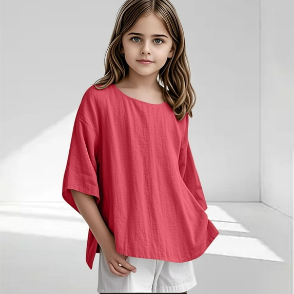 Cethrio Girls T Shirts Size 10-12 T, Cotton Linen Summer Loose Casual 3/4 Sleeve Tops Red