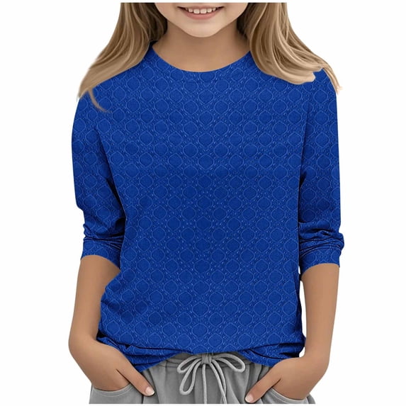 Cethrio Girls T Shirts, Solid Color Casual Summer Crew Neck 3/4 Sleeve Tops Blue Size 5T