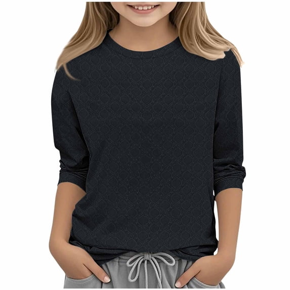 Cethrio Girls T Shirts, Solid Color Summer Crew Neck Casual 3/4 Sleeve Tops Black Size 7-8