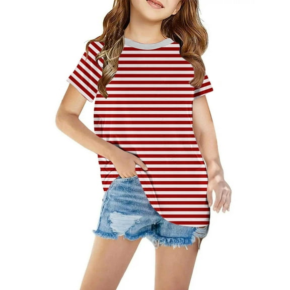 Cethrio Girls T-Shirts, Stripe Casual Crew Neck Short Sleeve Summer Tops Red Size 7 T