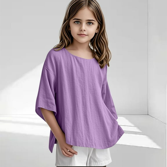 Cethrio Girls T Shirts, Summer Cotton Linen Casual Loose 3/4 Sleeve Tops Purple Size 13-14 T