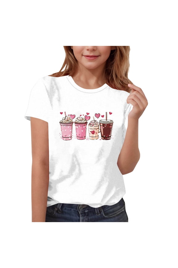 Girls T-Shirts, Summer Crew Neck Short Sleeve Casual Graphic Tees White Size 14-16
