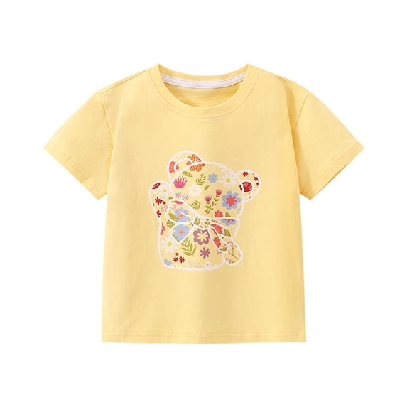 Cethrio Girls T-shirts, Casual Short Sleeve Cotton Graphic Tees Summer Tops Yellow Size 7-8