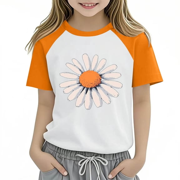 Cethrio Girls T-shirts, Casual Summer Short Sleeve Crewneck Graphic Tees Orange Size 7-8