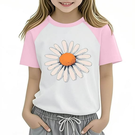 Cethrio Girls T-shirts, Crewneck Short Sleeve Casual Summer Graphic Tees Pink Size 7-8